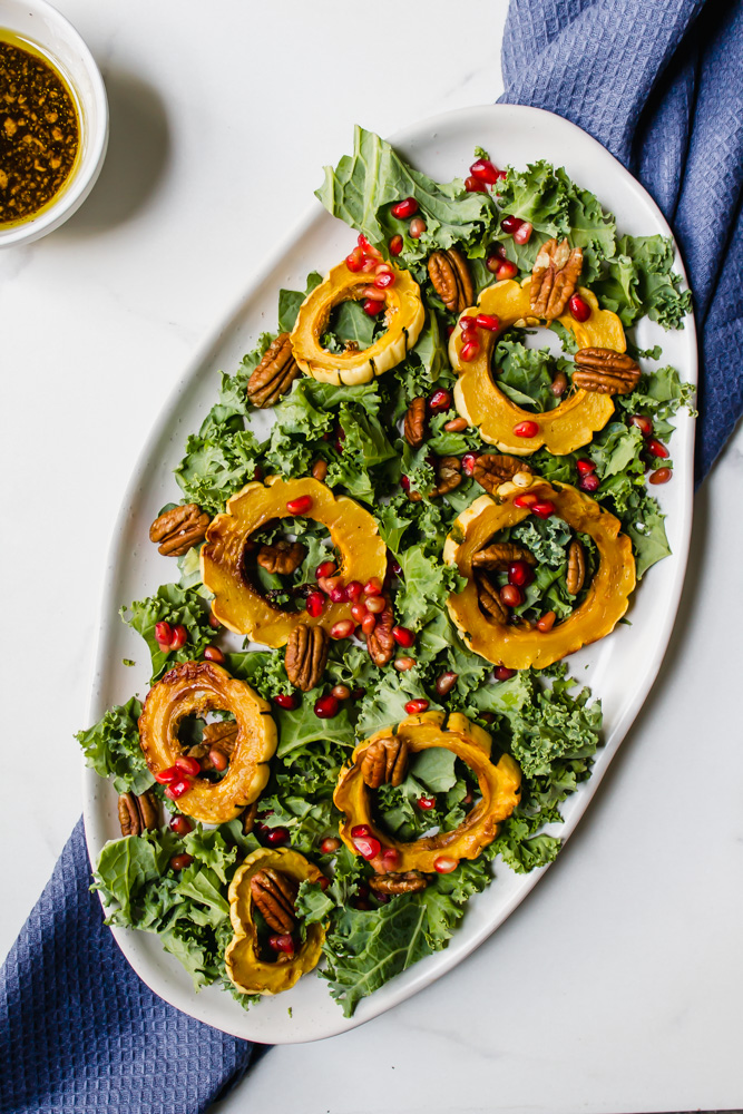 Roasted Delicata Squash, Pomegranate and Kale Salad - Simply Wholefull