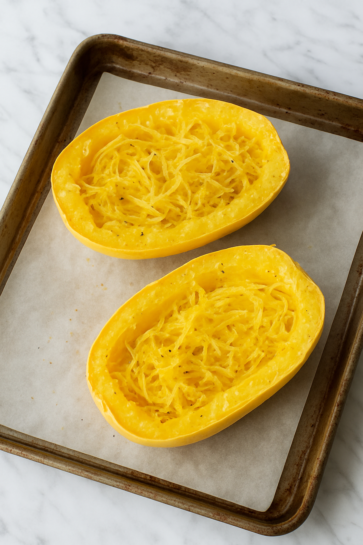 Roasted spaghetti squash halves with shredded centers on a parchment-lined baking sheet.